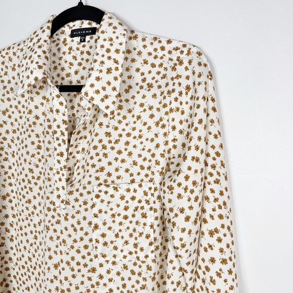 Pleione Medium Cream Orange Ditsy Floral Long Sleeve Blouse V Neck Pleated Back - Picture 3 of 10